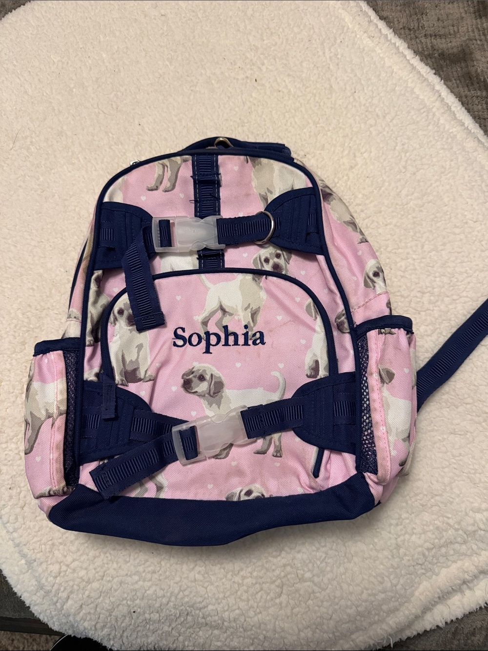 Pottery Barn Kids Pink Puppy Print Backpack with Navy Trim